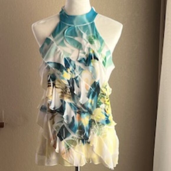 IZ Byer Large sleeveless halter top. Vibrant turquoise, blue, yellow, black. - Picture 1 of 5